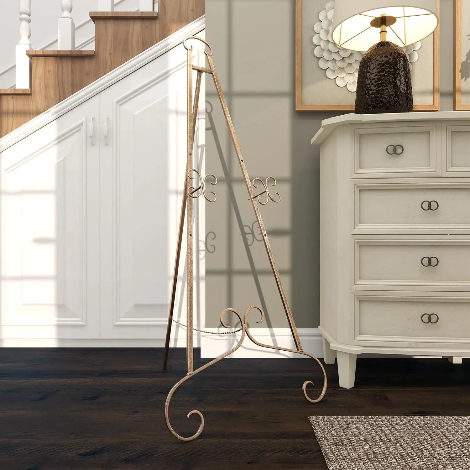 Deco 79 Metal Scroll Large Free Standing Adjustable Display Stand Easel with Chain Support, 22" x 21" x 46", Gold