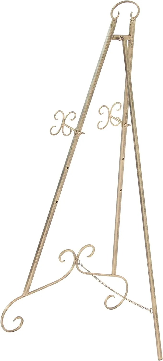 Deco 79 Metal Scroll Large Free Standing Adjustable Display Stand Easel with Chain Support, 22" x 21" x 46", Gold