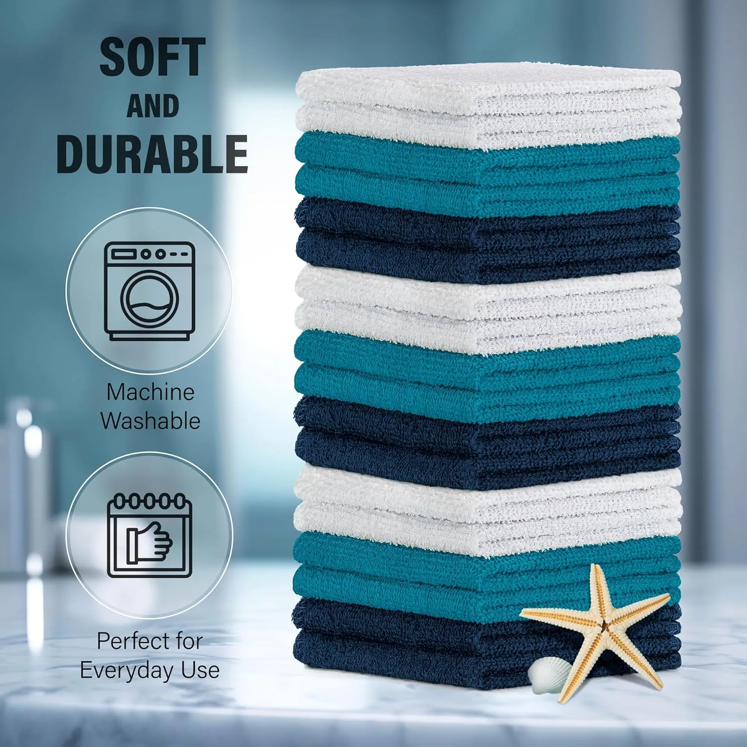 DecorRack 18 Pack 100% Cotton Wash Cloths, Ultra Soft, 11 x 11 inch Ultra Absorbant, Machine Washable Premium Washcloths, Blue (18 Pack)