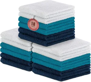 DecorRack 18 Pack 100% Cotton Wash Cloths, Ultra Soft, 11 x 11 inch Ultra Absorbant, Machine Washable Premium Washcloths, Blue (18 Pack)