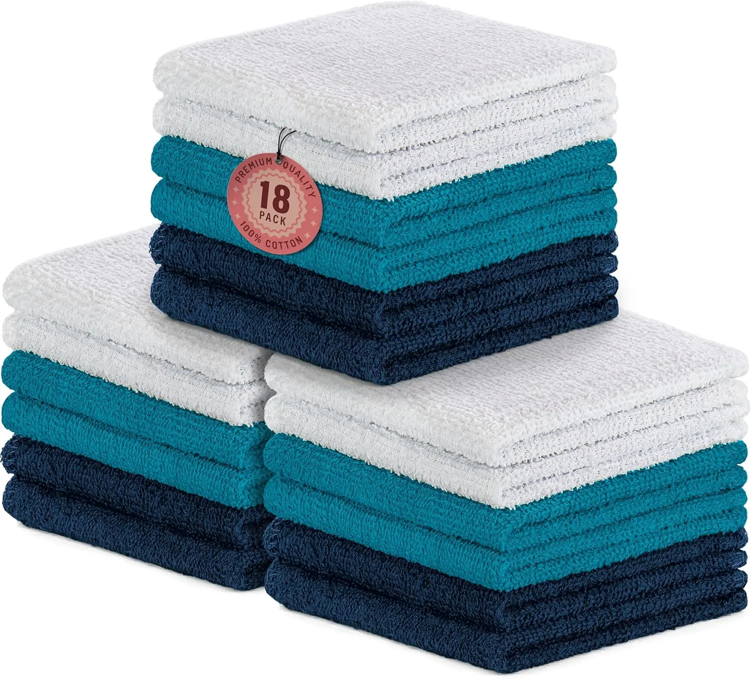 DecorRack 18 Pack 100% Cotton Wash Cloths, Ultra Soft, 11 x 11 inch Ultra Absorbant, Machine Washable Premium Washcloths, Blue (18 Pack)