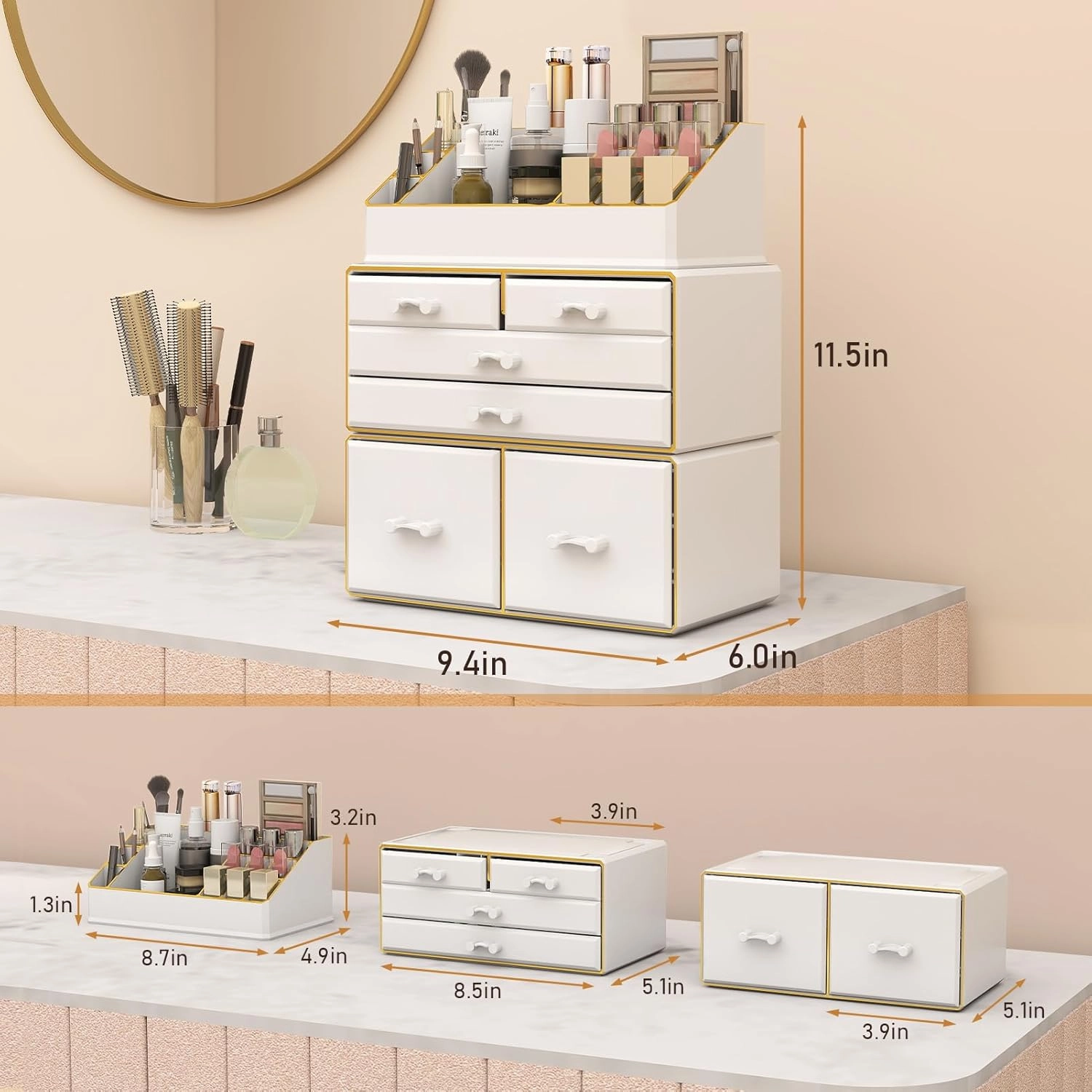 Delamu 3-Tier 6-Drawer Makeup Organizer Countertop | Cosmetic Organizer for Dresser and Vanity | Bathroom Organizers and Storage for Lipstick Brush Skincare Perfume, Nail Polish(White with Gold Edges)