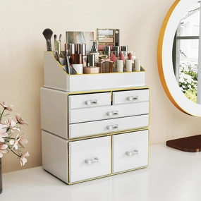 Delamu 3-Tier 6-Drawer Makeup Organizer Countertop | Cosmetic Organizer for Dresser and Vanity | Bathroom Organizers and Storage for Lipstick Brush Skincare Perfume, Nail Polish(White with Gold Edges)