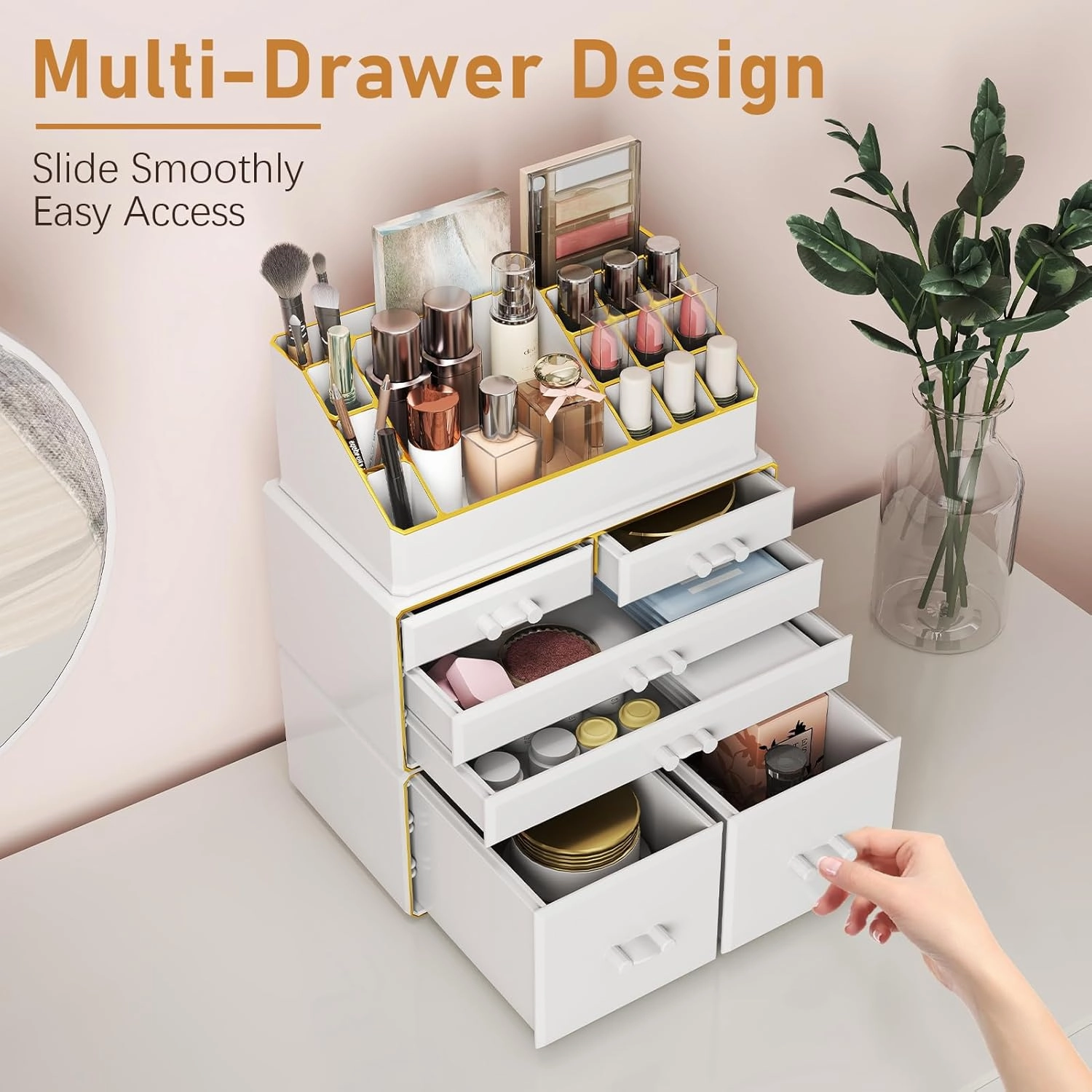 Delamu 3-Tier 6-Drawer Makeup Organizer Countertop | Cosmetic Organizer for Dresser and Vanity | Bathroom Organizers and Storage for Lipstick Brush Skincare Perfume, Nail Polish(White with Gold Edges)