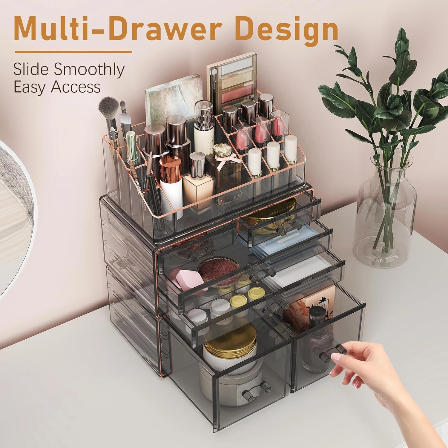Delamu 3-Tier 6-Drawer Makeup Organizer Countertop Cosmetic Organizer for Dresser and Vanity | Bathroom Organizers and Storage for Lipstick Brush Skincare Perfume, Nail Polish (Black   Gilded Borders)