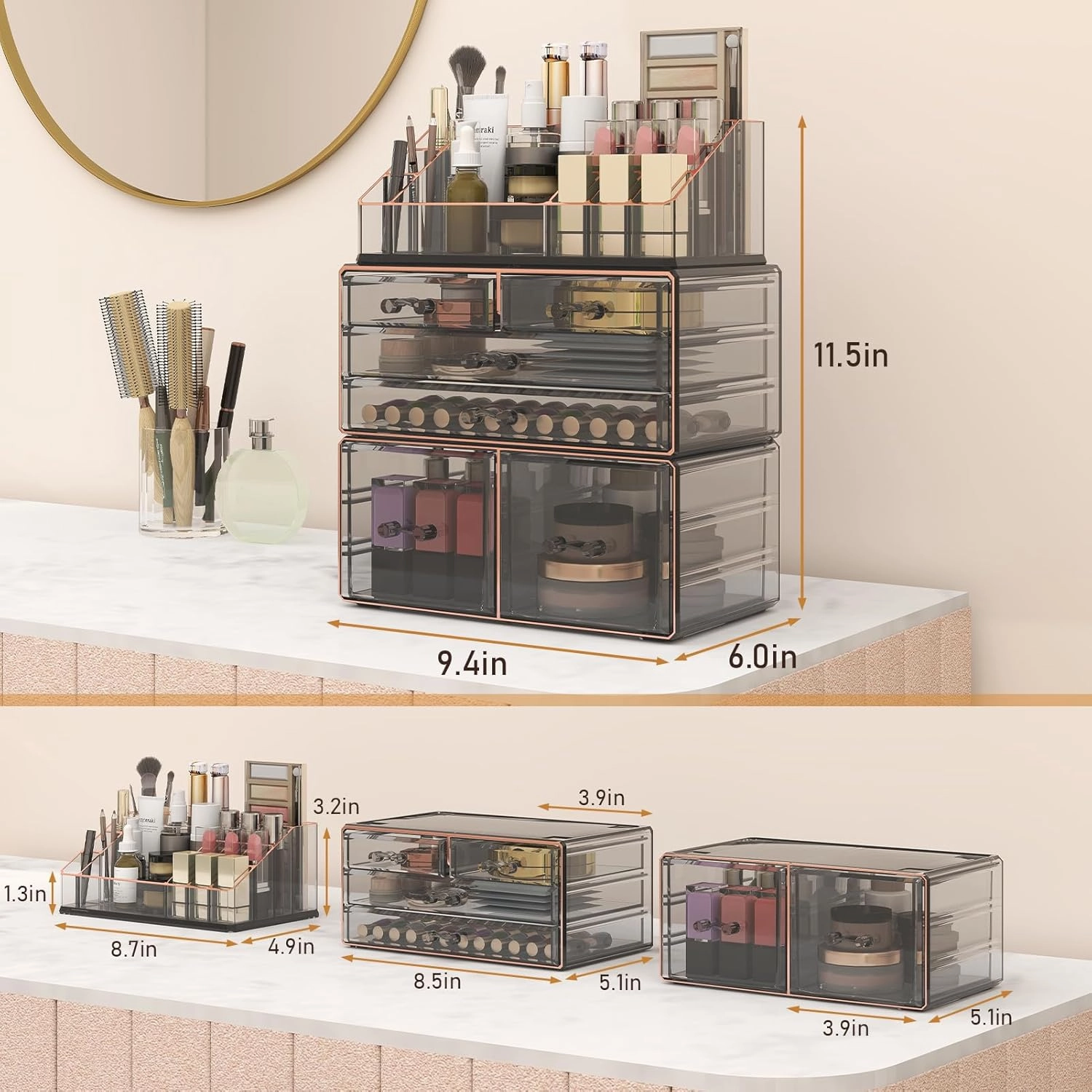 Delamu 3-Tier 6-Drawer Makeup Organizer Countertop Cosmetic Organizer for Dresser and Vanity | Bathroom Organizers and Storage for Lipstick Brush Skincare Perfume, Nail Polish (Black   Gilded Borders)
