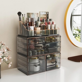 Delamu 3-Tier 6-Drawer Makeup Organizer Countertop Cosmetic Organizer for Dresser and Vanity | Bathroom Organizers and Storage for Lipstick Brush Skincare Perfume, Nail Polish (Black   Gilded Borders)