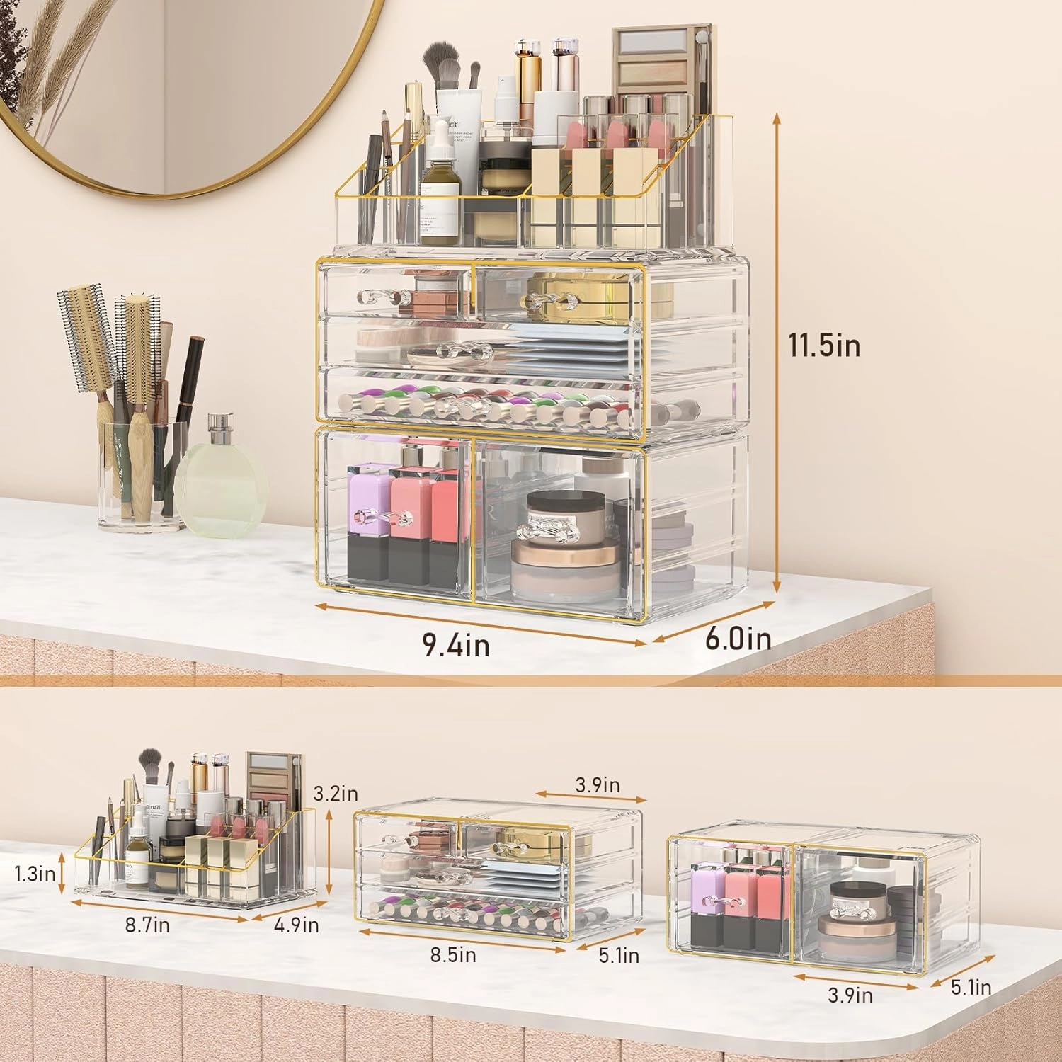 Delamu 3-Tier 6-Drawer Makeup Organizer Countertop Cosmetic Organizer for Dresser and Vanity | Bathroom Organizers and Storage for Lipstick Brush Skincare Perfume, Nail Polish (Clear with Gold Trim)
