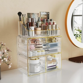 Delamu 3-Tier 6-Drawer Makeup Organizer Countertop Cosmetic Organizer for Dresser and Vanity | Bathroom Organizers and Storage for Lipstick Brush Skincare Perfume, Nail Polish (Clear with Gold Trim)
