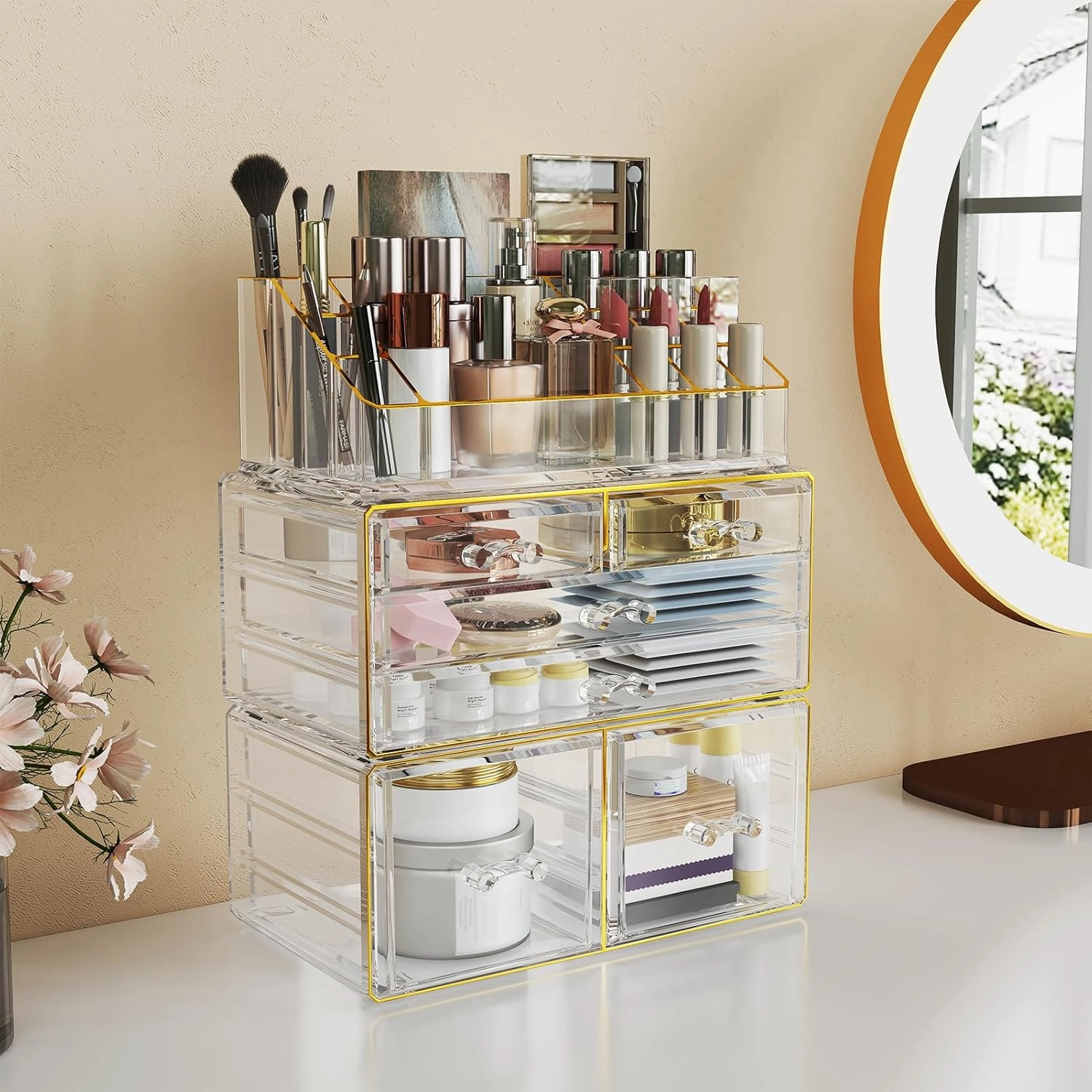 Delamu 3-Tier 6-Drawer Makeup Organizer Countertop Cosmetic Organizer for Dresser and Vanity | Bathroom Organizers and Storage for Lipstick Brush Skincare Perfume, Nail Polish (Clear with Gold Trim)
