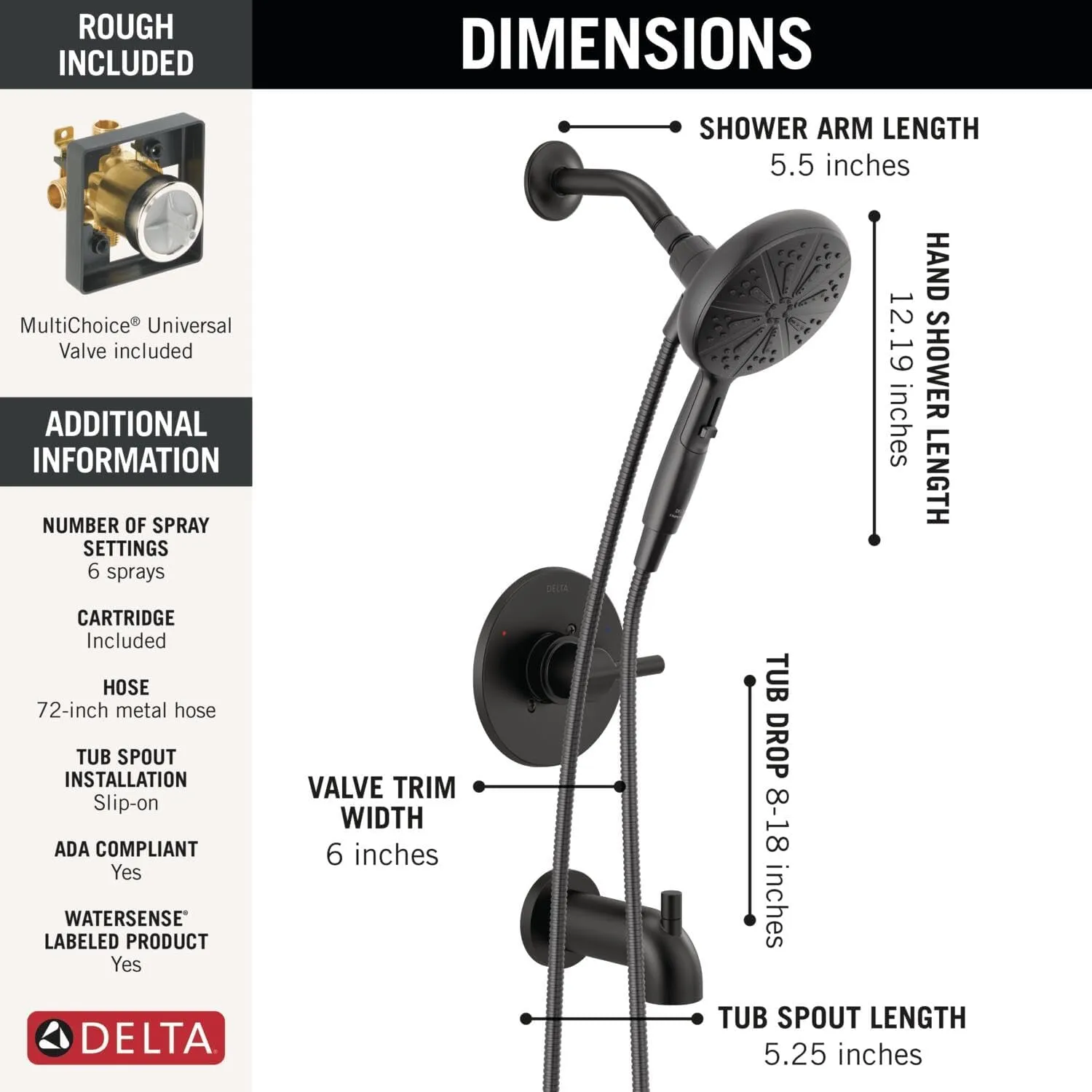 Delta 144749-HS Nicoli Monitor 14 Series Tub and Shower Trim Package with 1.75 GPM Multi Function Hand Shower - Rough-In Valve Included - Matte Black