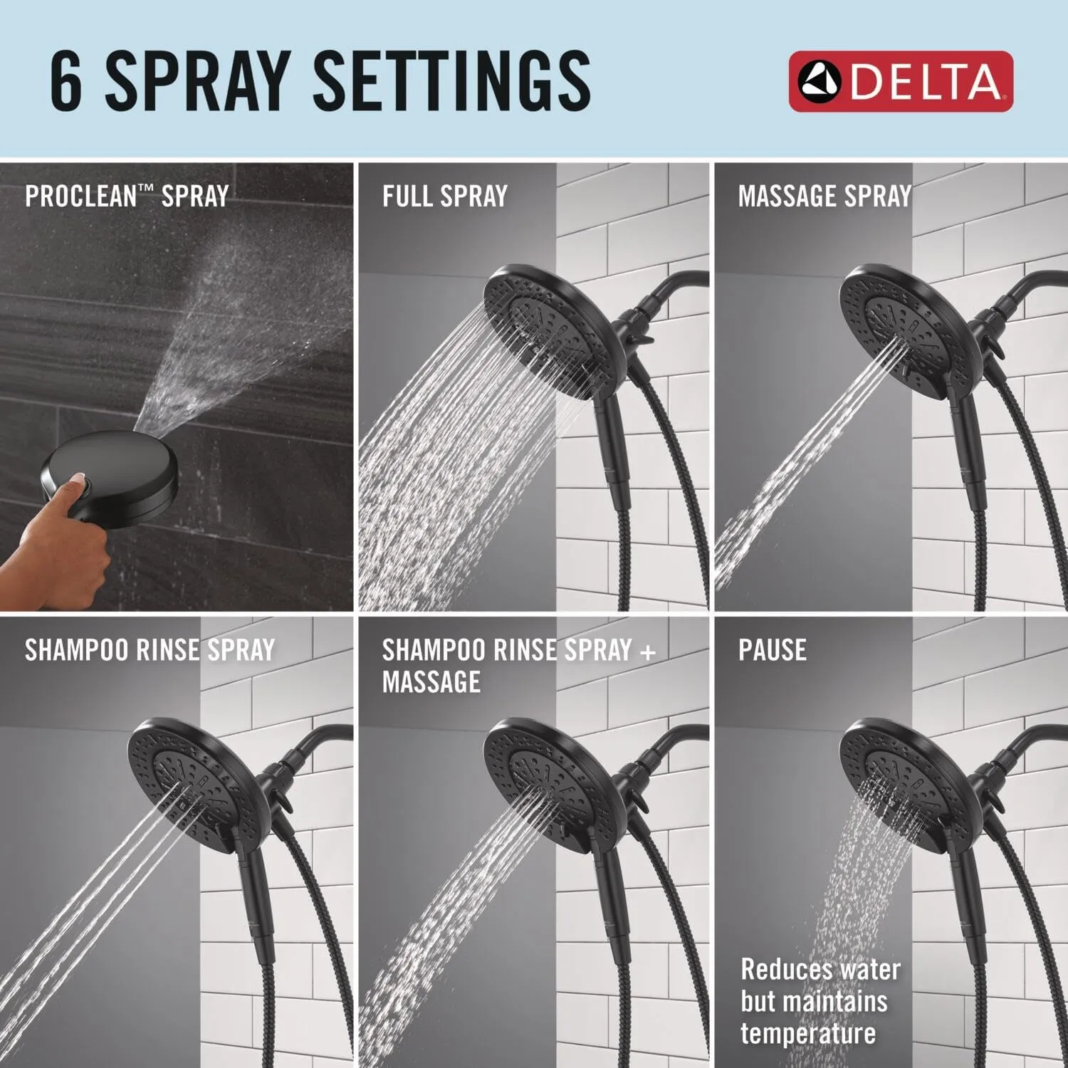 Delta Faucet 6-Setting In2ition 2-in-1 Dual Shower Head with ProClean Spray, Matte Black Round Shower Head with Hose, Hand Held Shower Head, Matte Black 75655BL