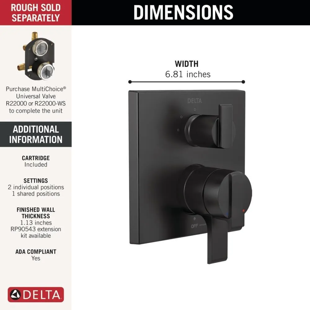 Delta Faucet Ara 17 Series 3-Setting Integrated Diverter Valve Trim Kit, Black Diverter Valve Trim Kit, Shower Trim Kit, Matte Black T27867-BL (Valve Not Included)