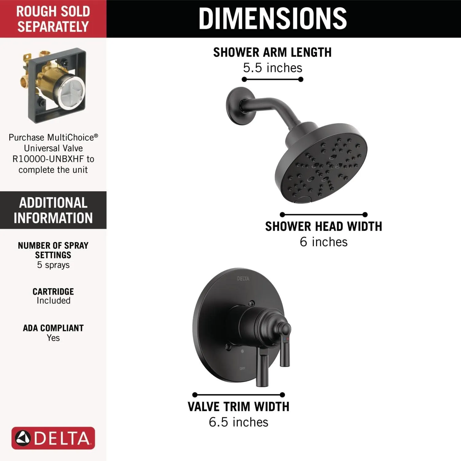 Delta Faucet Saylor 17 Series Black Shower Valve Trim Kit with H2Okinetic Shower Head, Delta Shower System, Shower Faucet Set, Shower Head and Handle Set, Matte Black T17235-BL (Valve Not Included)