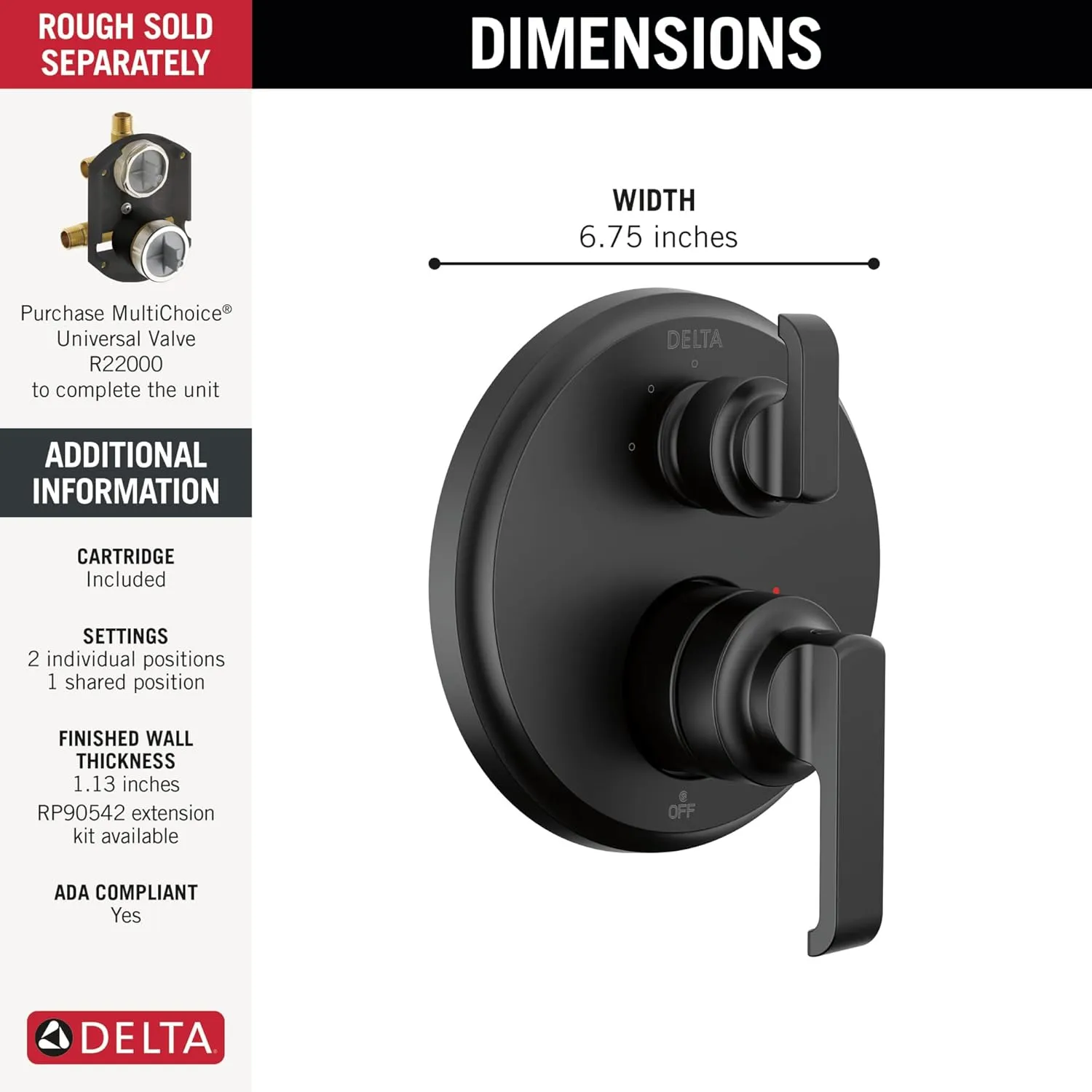 DELTA Faucet Tetra 14 Series Matte Black 3-Setting Integrated Diverter Valve Trim Kit, Black Diverter Valve Trim Kit, Shower Trim Kit, Matte Black T24889-BL (Valve Not Included)