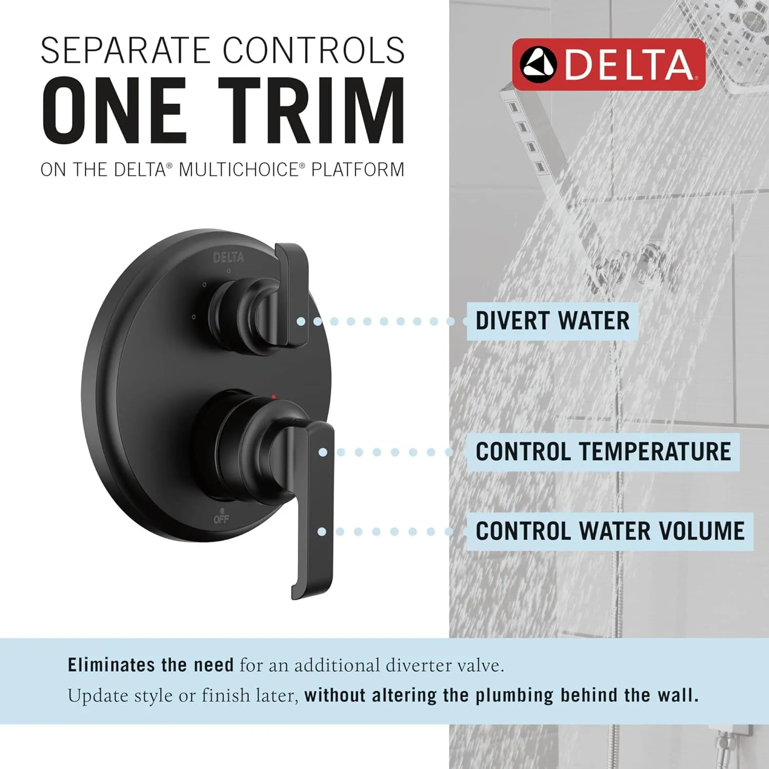 DELTA Faucet Tetra 14 Series Matte Black 3-Setting Integrated Diverter Valve Trim Kit, Black Diverter Valve Trim Kit, Shower Trim Kit, Matte Black T24889-BL (Valve Not Included)