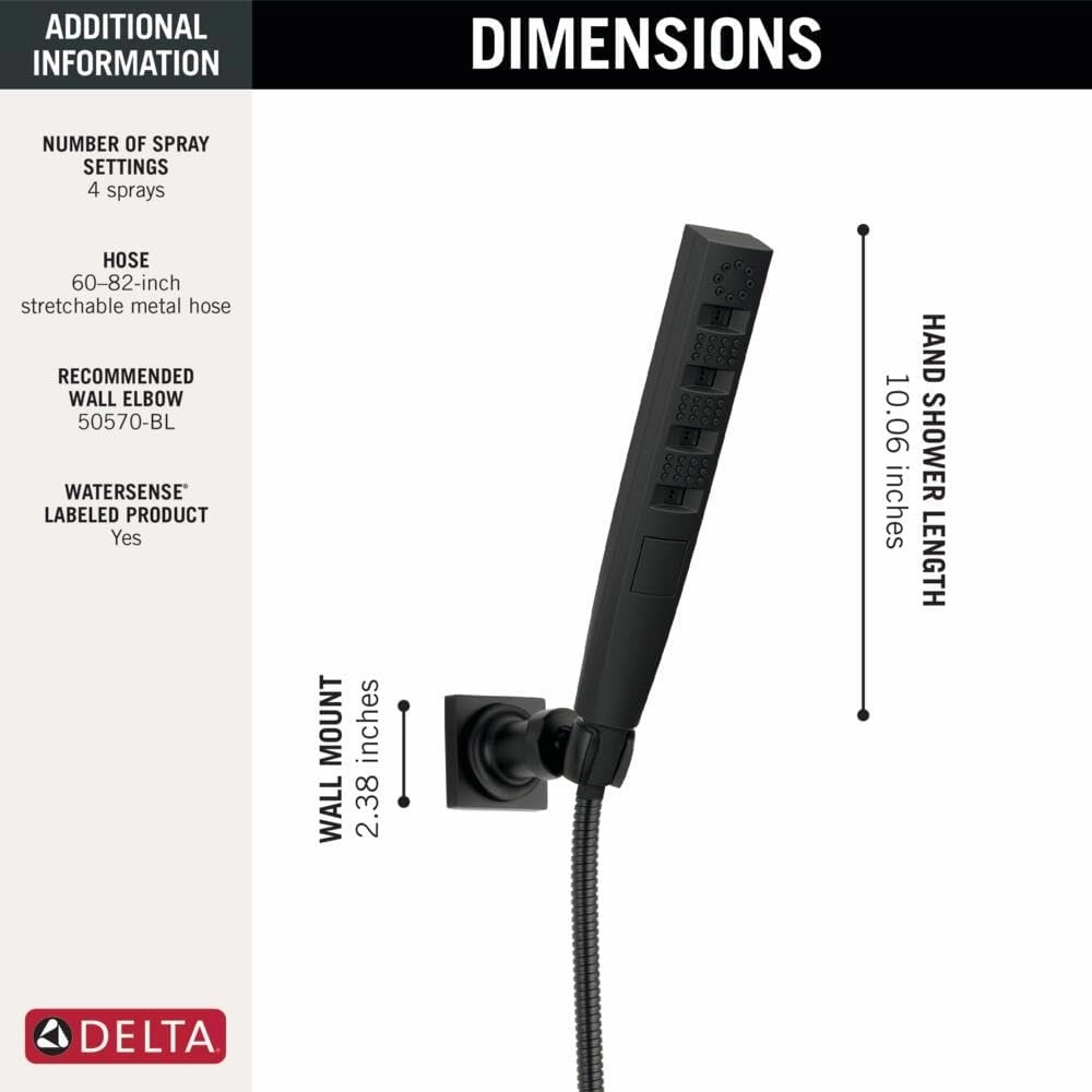 Delta Faucet 5-Spray Touch-Clean H2Okinetic Wall-Mount Hand Held Shower with Hose, Matte Black 55140-BL