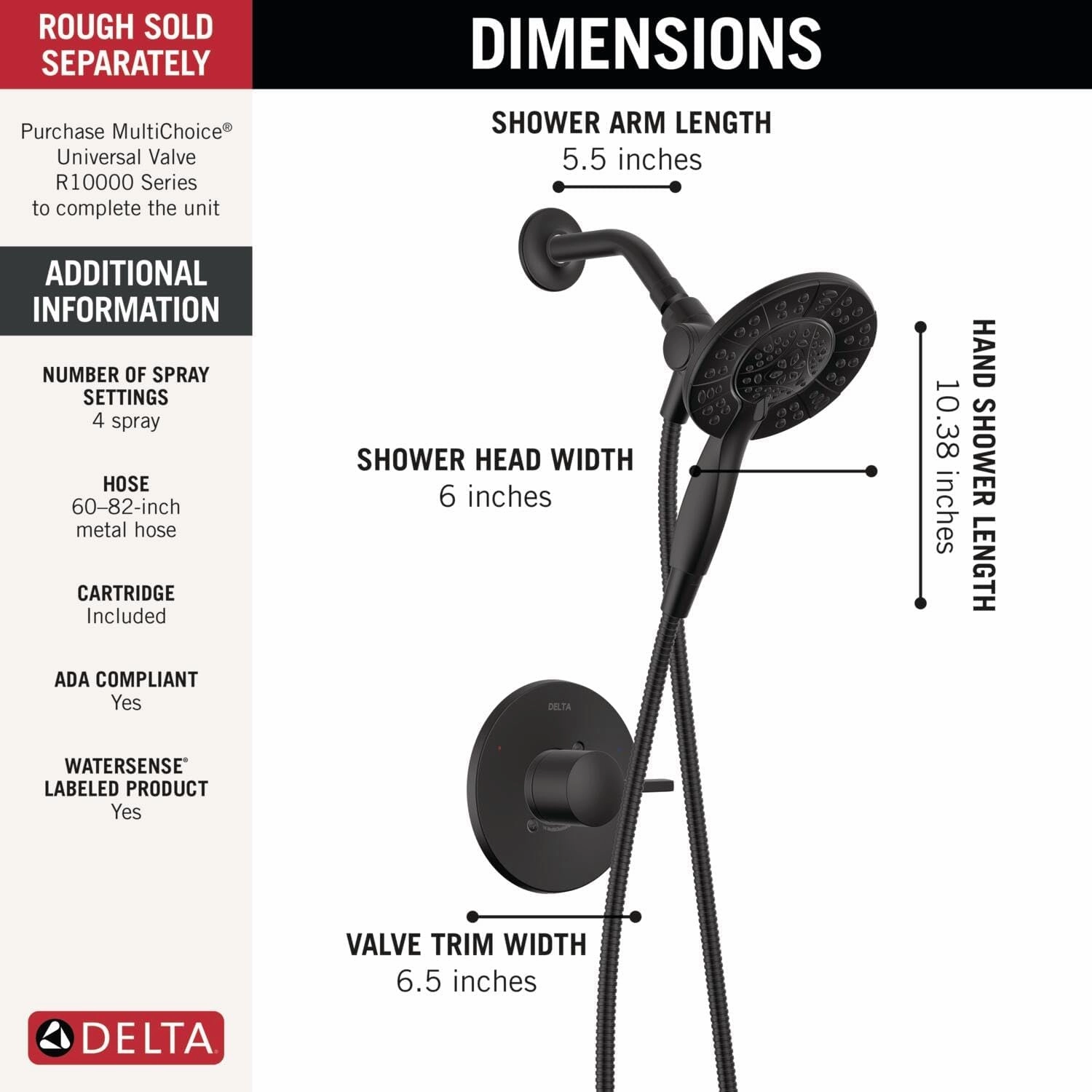 Delta Faucet Albion 14 Series Single-Handle Shower Faucet, Black Shower Trim Kit with 4-Setting In2ition 2-in-1 Dual Hand Held Shower Head with Hose, Matte Black T142855-BL-I (Valve Not Included)