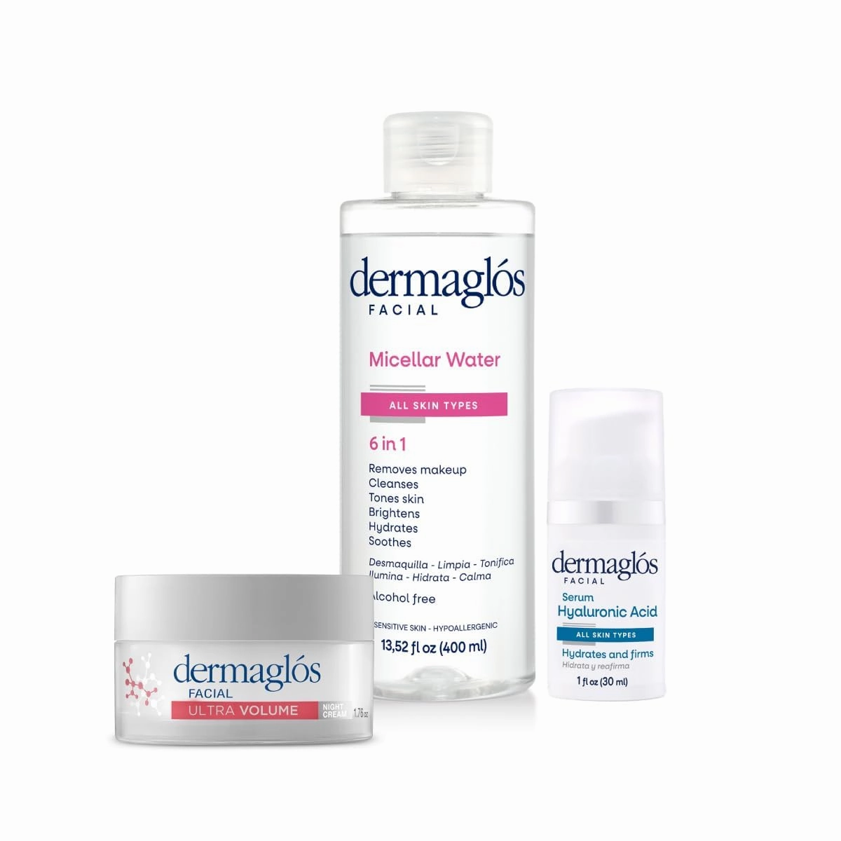 Dermaglos 3-pack Facial Skincare Set | Micellar Water 13,52floz   Hyaluronic Acid Serum 1floz   Ultra Volume Night Cream Moisturizes And Improves The Appearance Of Wrinkles