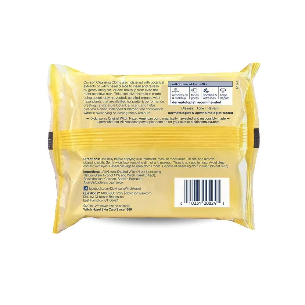 Dickinson's Original Witch Hazel Refreshingly Clean Cleansing Cloths with Aloe, 4 Pack, 25 Cloths per Pack