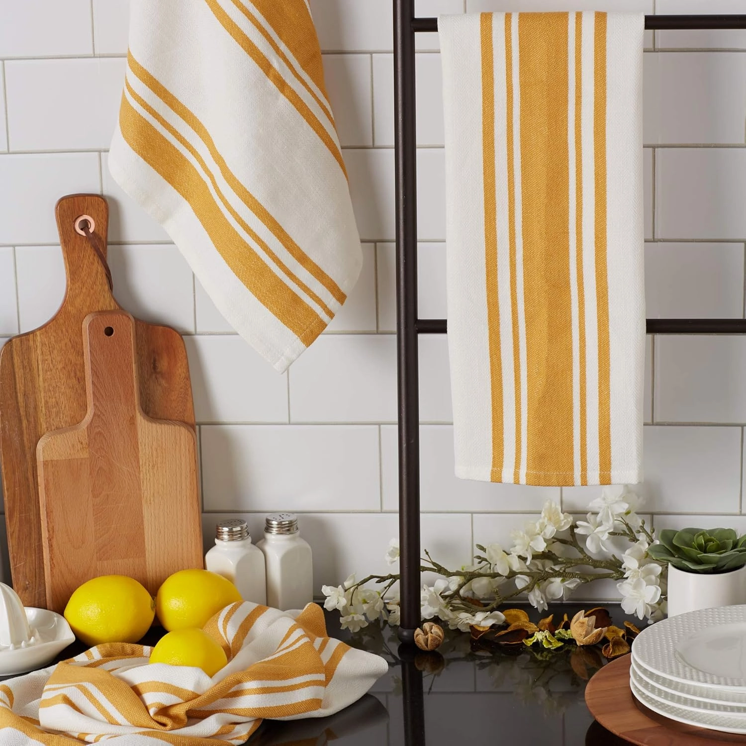DII Everyday Kitchen Dishtowel Collection Large Chef Stripe Tea Towel, 18x28, Honey Gold, 3 Count