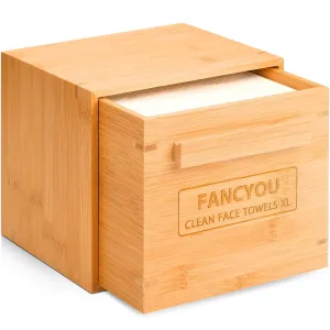 Disposable Face Towel With Bamboo Storage Box, Ultra Soft Facial Towel Container Box with Drawer, Makeup Remover Dry Wipes for Women Cleansing Sensitive Skin, Cotton Wash Cloths Holder(Bamboo)