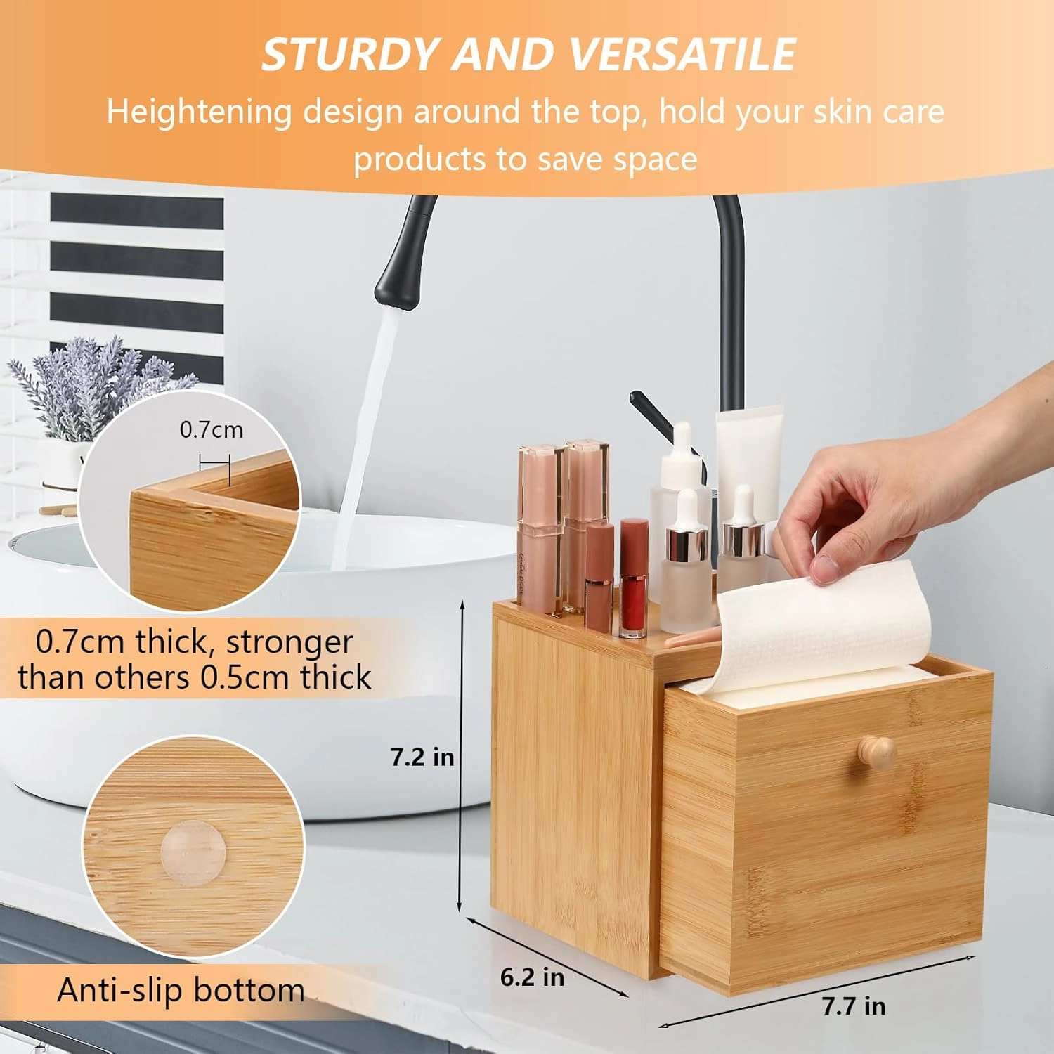 Disposable Face Towel with Bamboo Drawer Storage Box - Face Towelettes Disposable XL, Facial Towels Disposable, Makeup Organizer for Clean Towels, Makeup Remover Dry Wipes Washcloths 50 Ct
