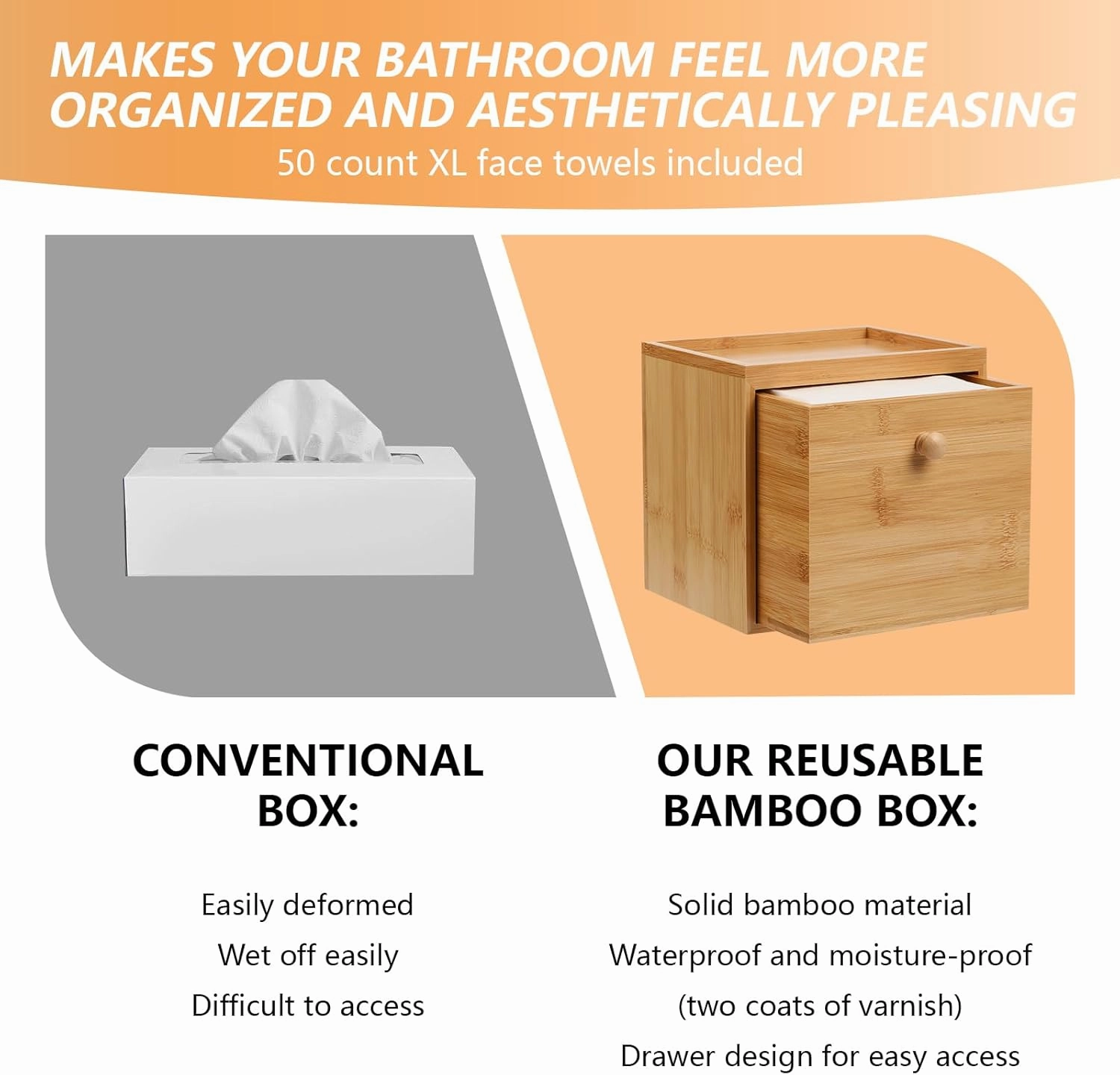 Disposable Face Towel with Bamboo Drawer Storage Box - Face Towelettes Disposable XL, Facial Towels Disposable, Makeup Organizer for Clean Towels, Makeup Remover Dry Wipes Washcloths 50 Ct