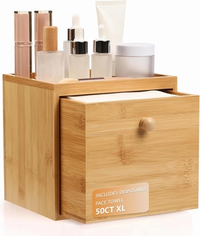 Disposable Face Towel with Bamboo Drawer Storage Box - Face Towelettes Disposable XL, Facial Towels Disposable, Makeup Organizer for Clean Towels, Makeup Remover Dry Wipes Washcloths 50 Ct