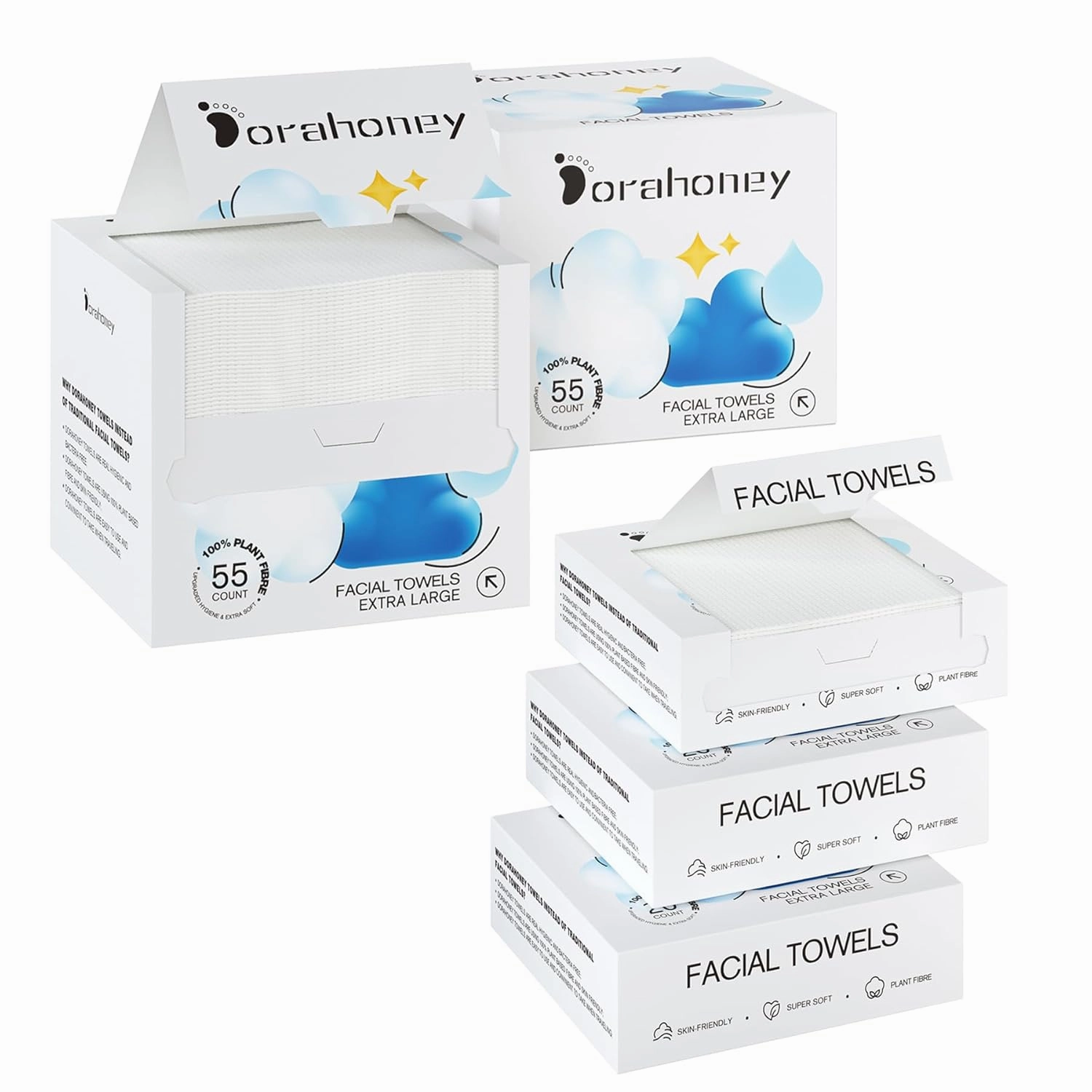 Disposable Face Towels 55 * 2 Count   Travel Face Towels 20 * 3 Count, 12"×12" Makeup Remover Dry Wipes for Sensitive Skin