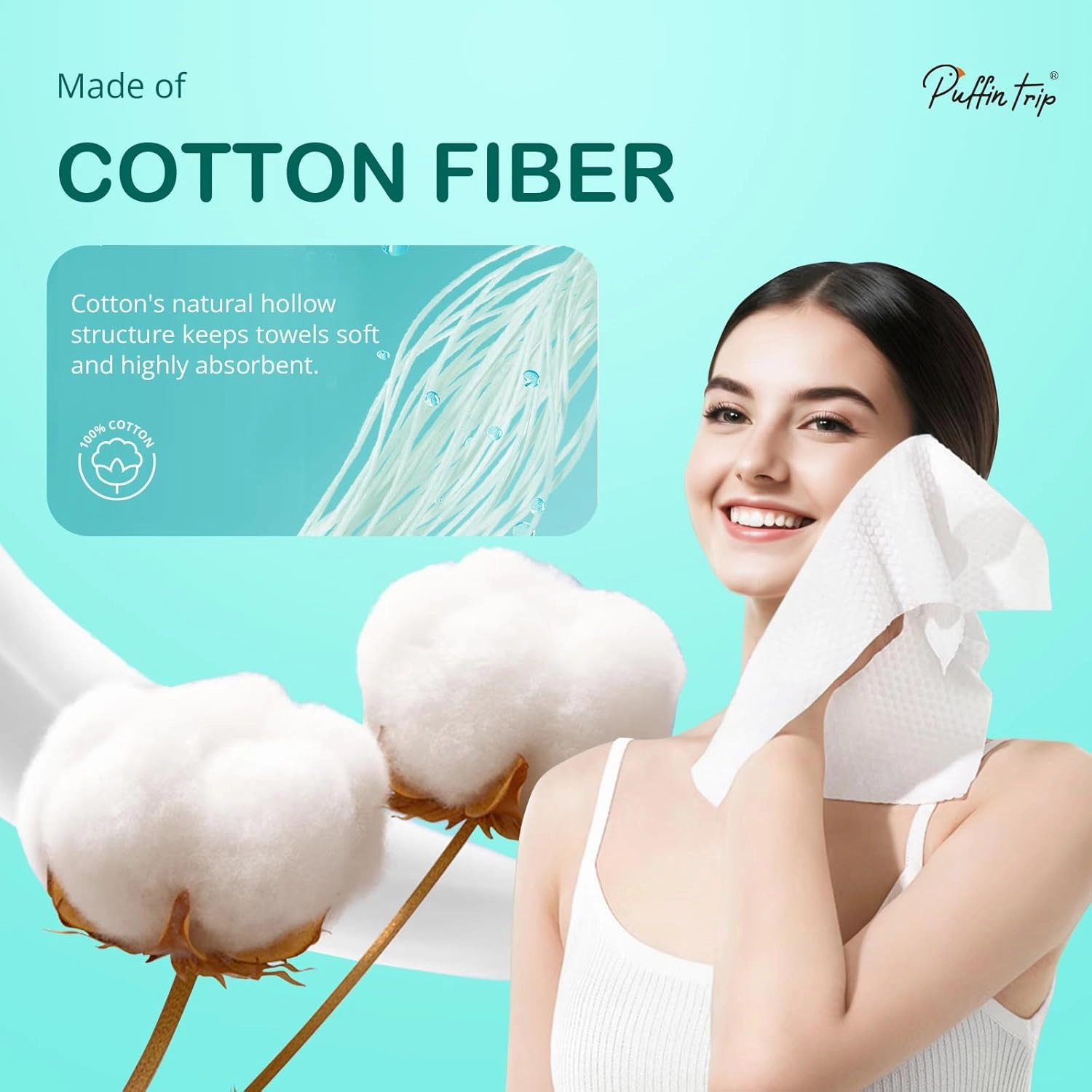 Disposable Face Towels Cotton Fiber 10’’ x 12’’ Ultra Soft Skin Friendly Super Absorbent Towelettes Facial Tissue Face Wipes for Effective Cleansing Makeup Remover, 100 Count, 2 Pack