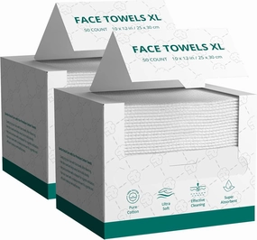 Disposable Face Towels Cotton Fiber 10’’ x 12’’ Ultra Soft Skin Friendly Super Absorbent Towelettes Facial Tissue Face Wipes for Effective Cleansing Makeup Remover, 100 Count, 2 Pack