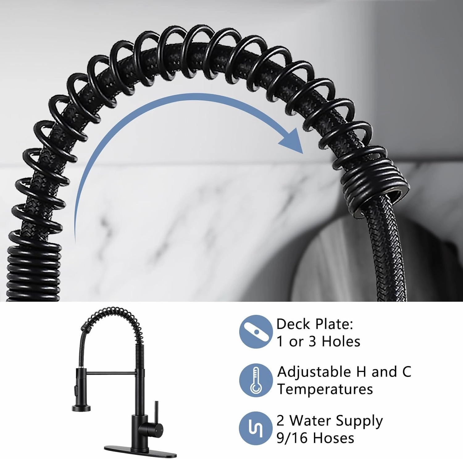 DJS Kitchen Faucets with Pull Down Sprayer Matte Black - Dual Mode Setting Single Handle 1 or 3 Holes Commercial Black Kitchen Sink Faucet with Deck Plate for Farmhouse RV Vessel Basin
