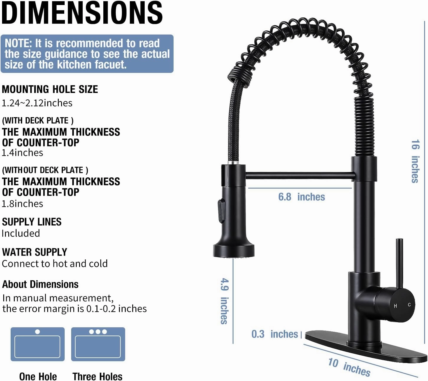 DJS Kitchen Faucets with Pull Down Sprayer Matte Black - Dual Mode Setting Single Handle 1 or 3 Holes Commercial Black Kitchen Sink Faucet with Deck Plate for Farmhouse RV Vessel Basin
