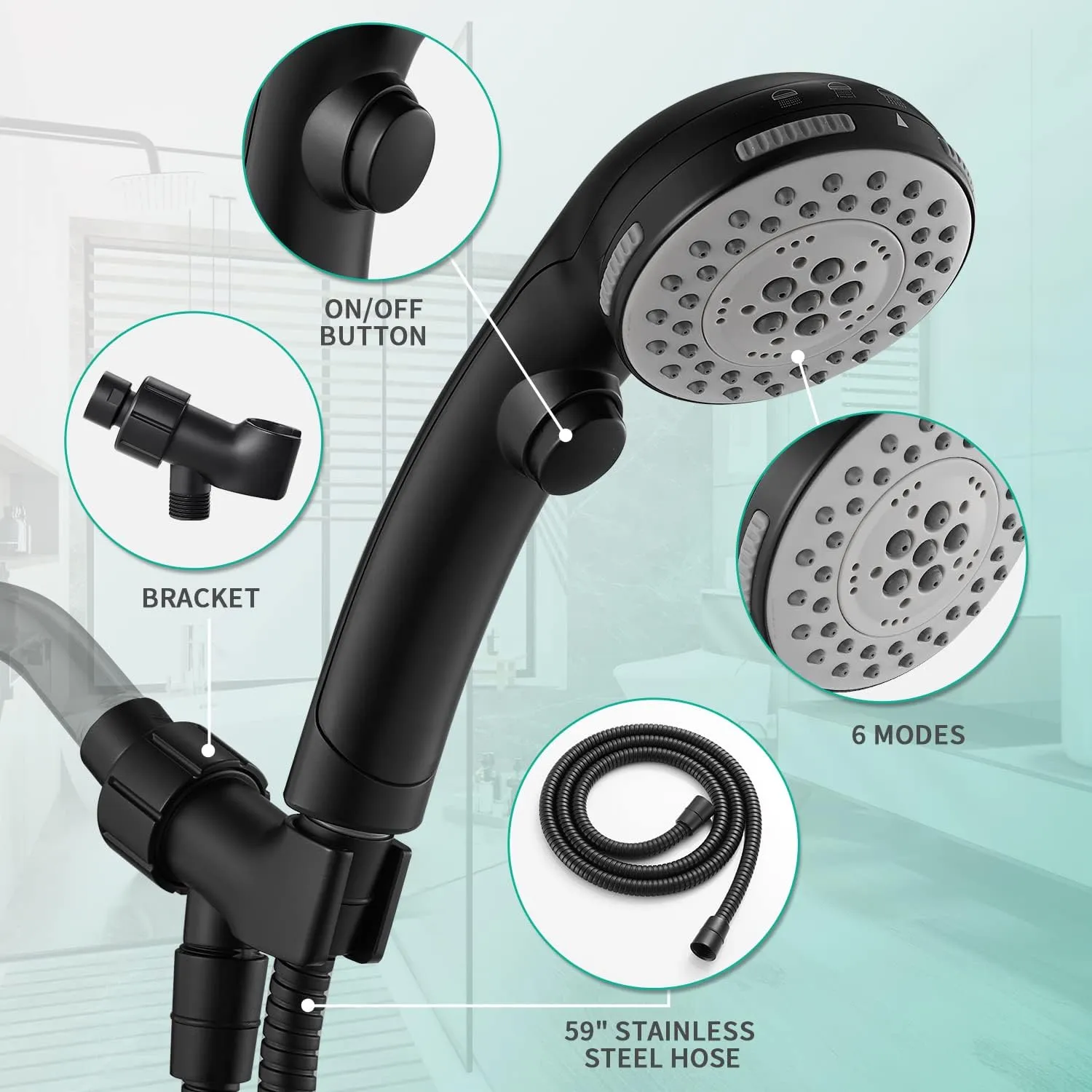 DOILIESE High Pressure 6 Setting Shower Head with Handheld, Shower Heads with ON/OFF Switch and Spa Spray - Matte Black