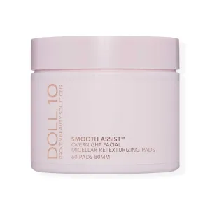 Doll 10 Smooth Assist Overnight Facial Micellar Pads - Exfoliating Makeup Remover Facial Cleansing Wipes, Deep Cleans Pores & Retexturizes Skin