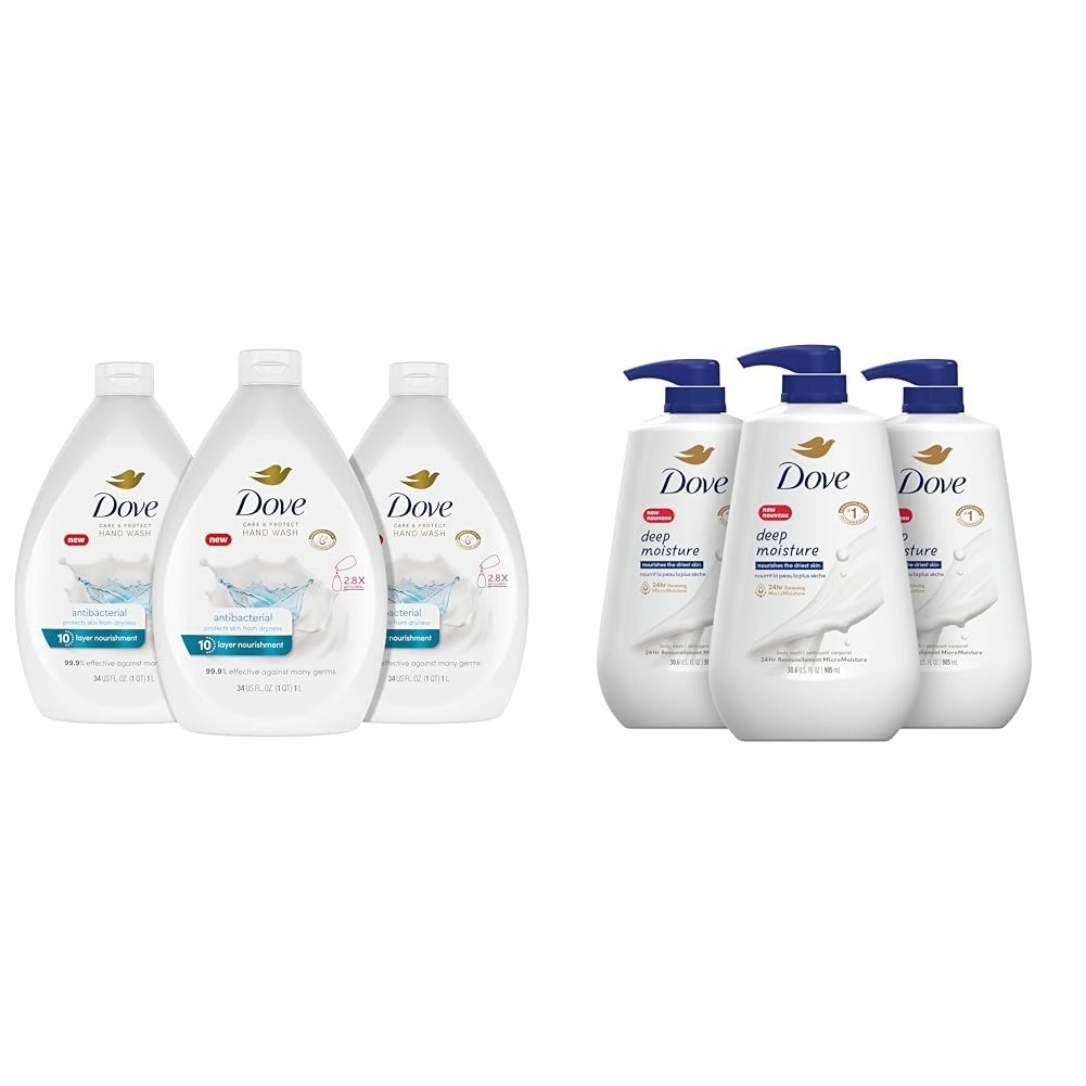 Dove Antibacterial Hand Wash Care & Protect Pack of 3, 34 oz Body Wash Deep Moisture Dry Skin Pack of 3, 30.6 Fl Oz