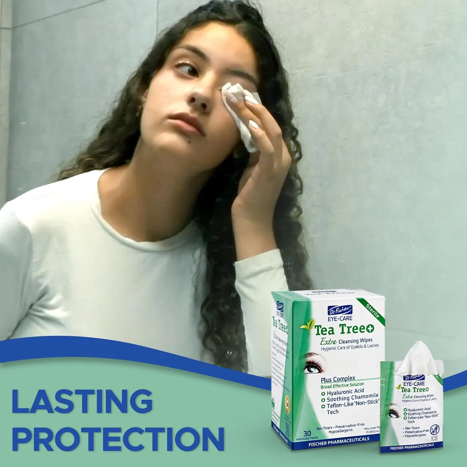 Dr. Fischer Tea Tree Oil Eye Wipes - Eyelid Wipes for Sensitive Eyes with Hyaluronic Acid and Chamomile, Makeup Remover, Daily Cleanser (60 wipes)