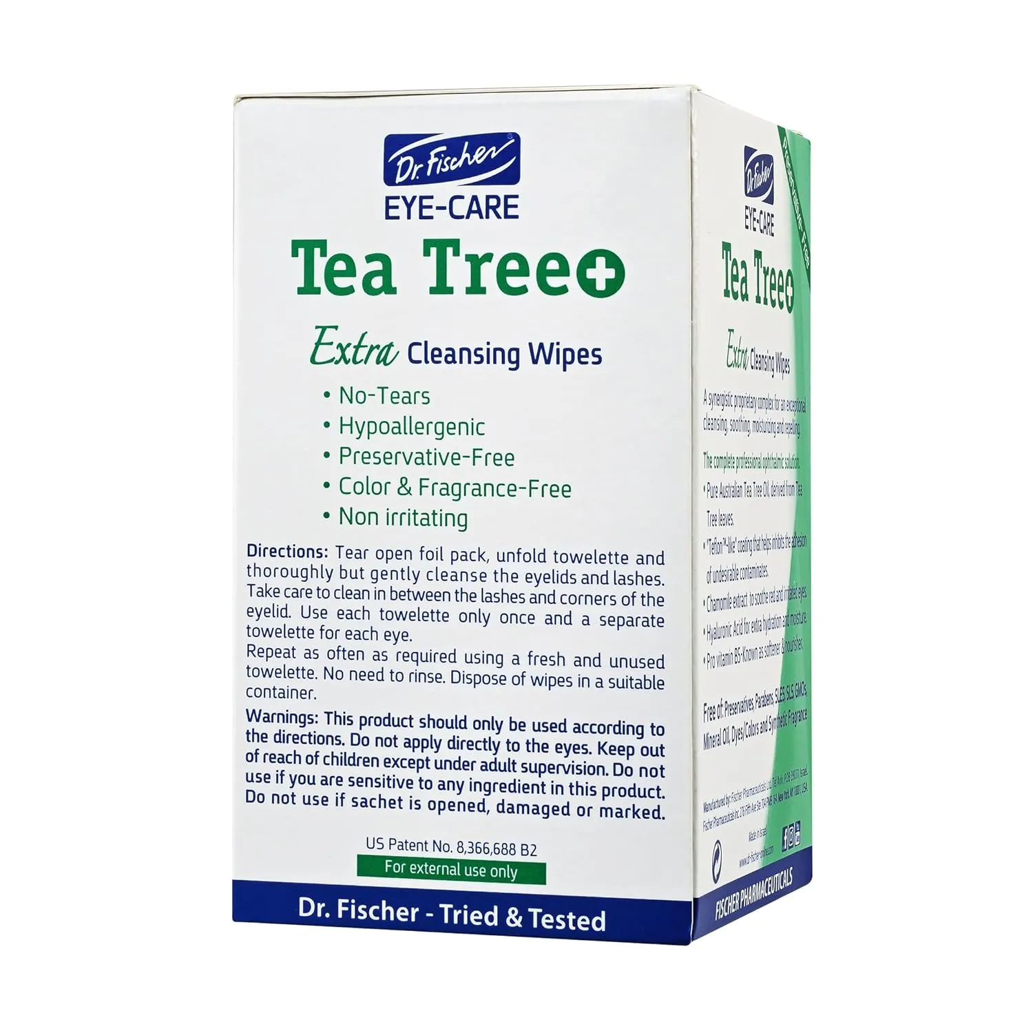 Dr. Fischer Tea Tree Oil Eye Wipes - Eyelid Wipes for Sensitive Eyes with Hyaluronic Acid and Chamomile, Makeup Remover, Daily Cleanser (60 wipes)