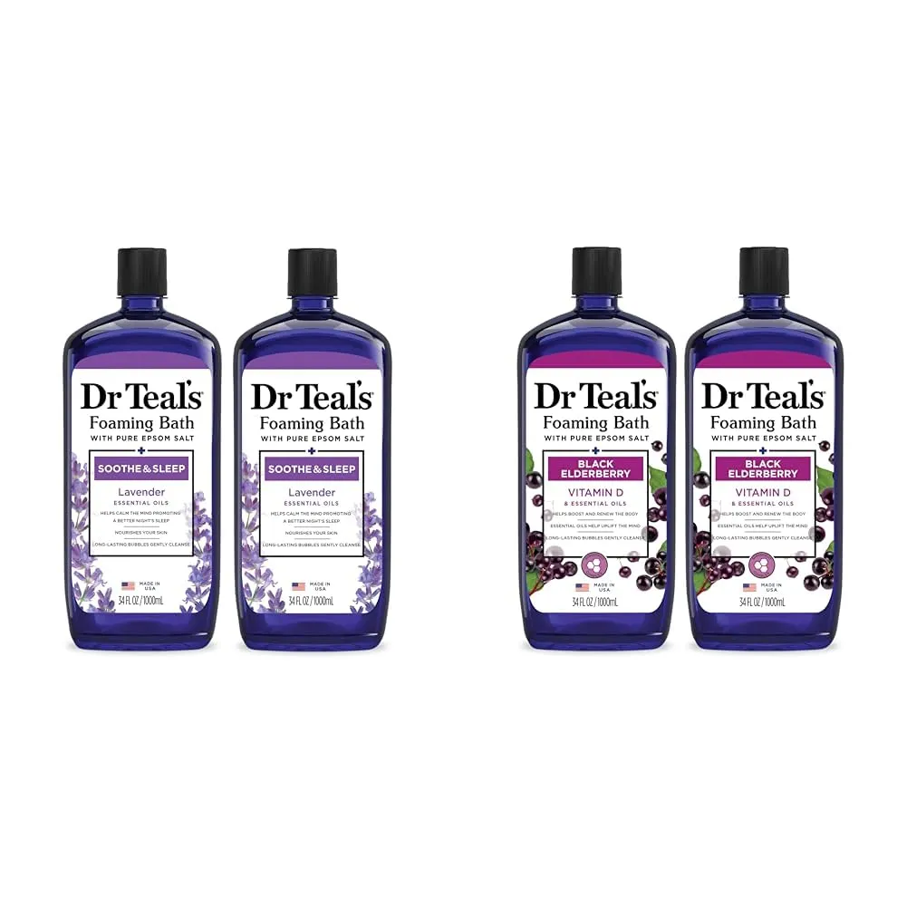 Dr Teal's Foaming Bath with Pure Epsom Salt, Soothe & Sleep Lavender and Black Elderberry with Vitamin D, 34 fl oz (2 Pack)