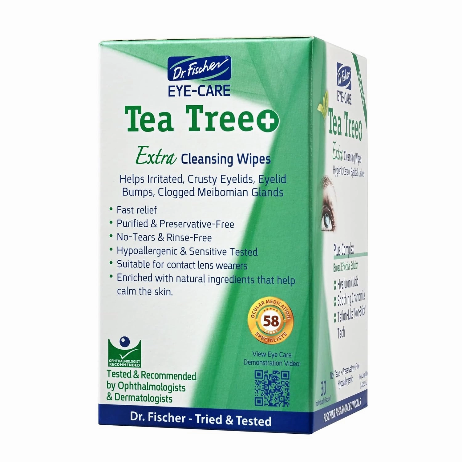 Dr. Fischer Tea Tree Oil Eye Wipes - Eyelid Wipes for Sensitive Eyes with Hyaluronic Acid and Chamomile, Makeup Remover, Daily Cleanser (30 wipes)