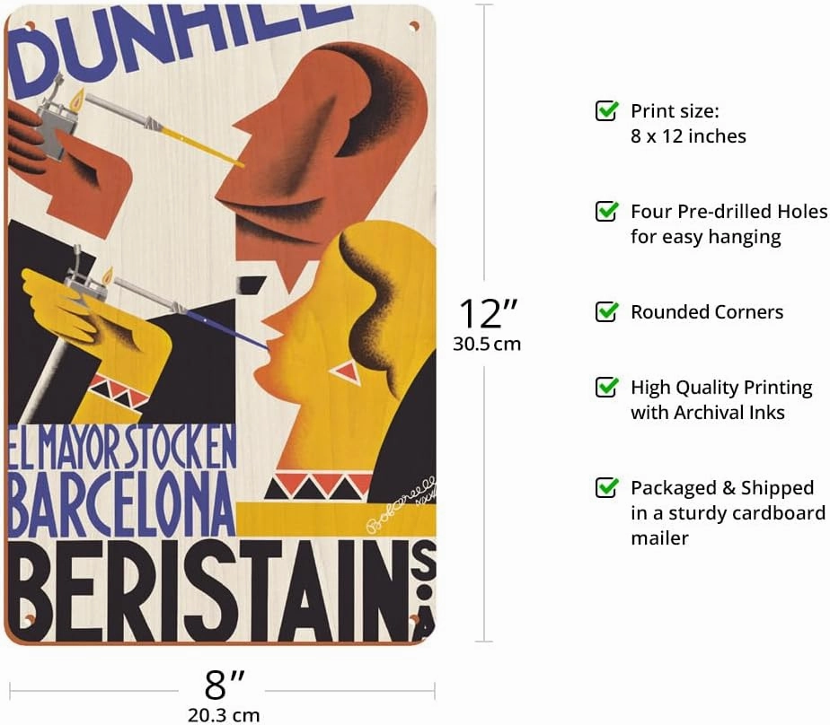Dunhill Cigarettes - The Largest Stock in Barcelona - Beristain S.A. - Vintage Advertising Poster by Jacint Bofarull c.1932-8 x 12 inch Vintage Wood Art Sign