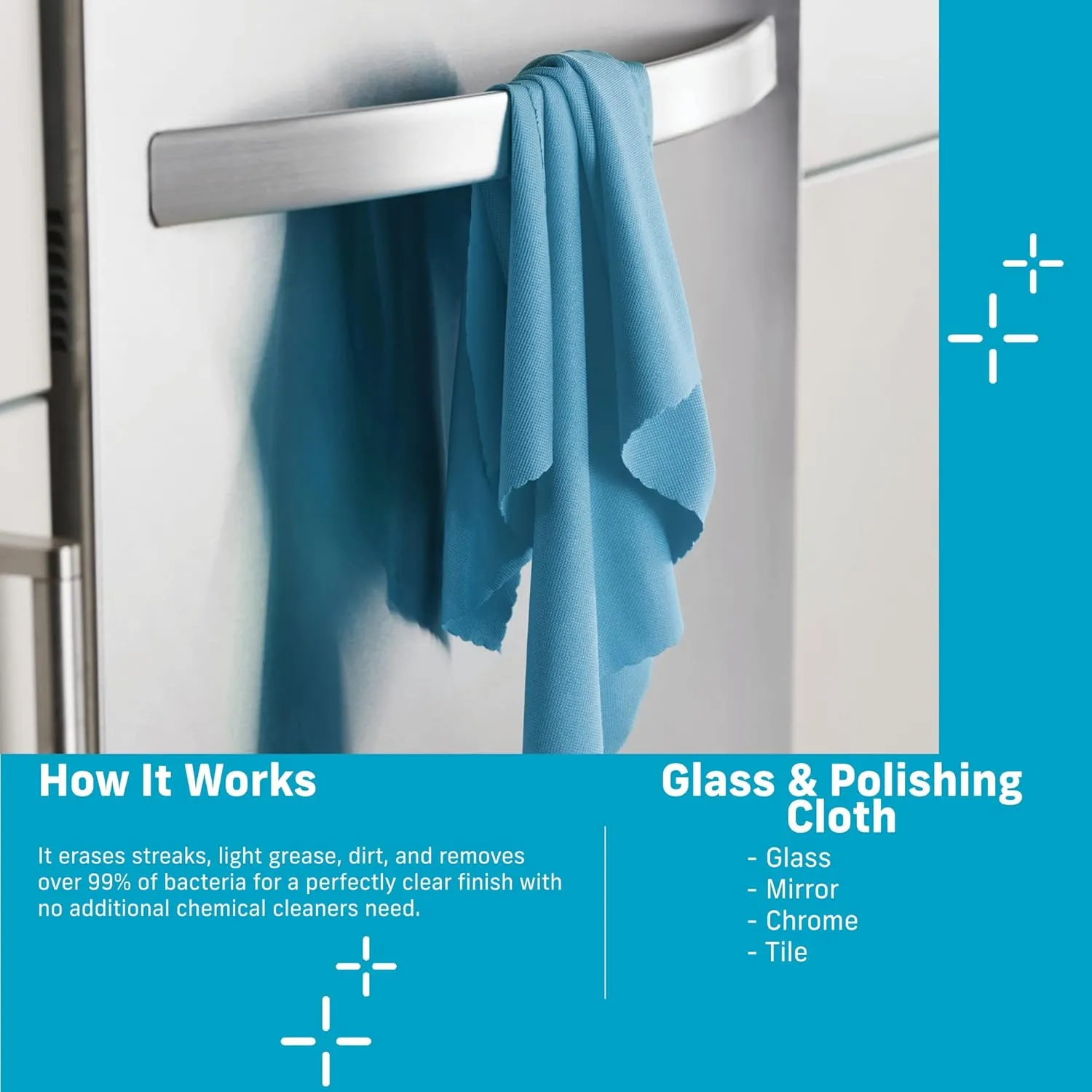 E-Cloth Glass & Polishing Cloths, Premium Microfiber Glass Cleaner, Great for Windows, Glass and Mirrors, Washable and Reusable, 100 Wash Guarantee, Alaskan Blue, 8 Pack