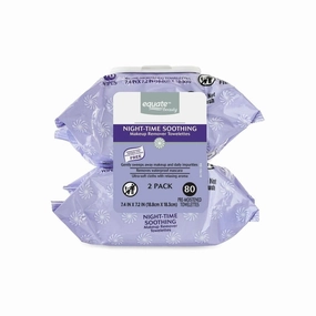 E~quate Night-Time Soothing Makeup Remover Towelettes, 2 Pack, 80 Pre-Moistened Wipes, (7.4 x 7.2 inches)