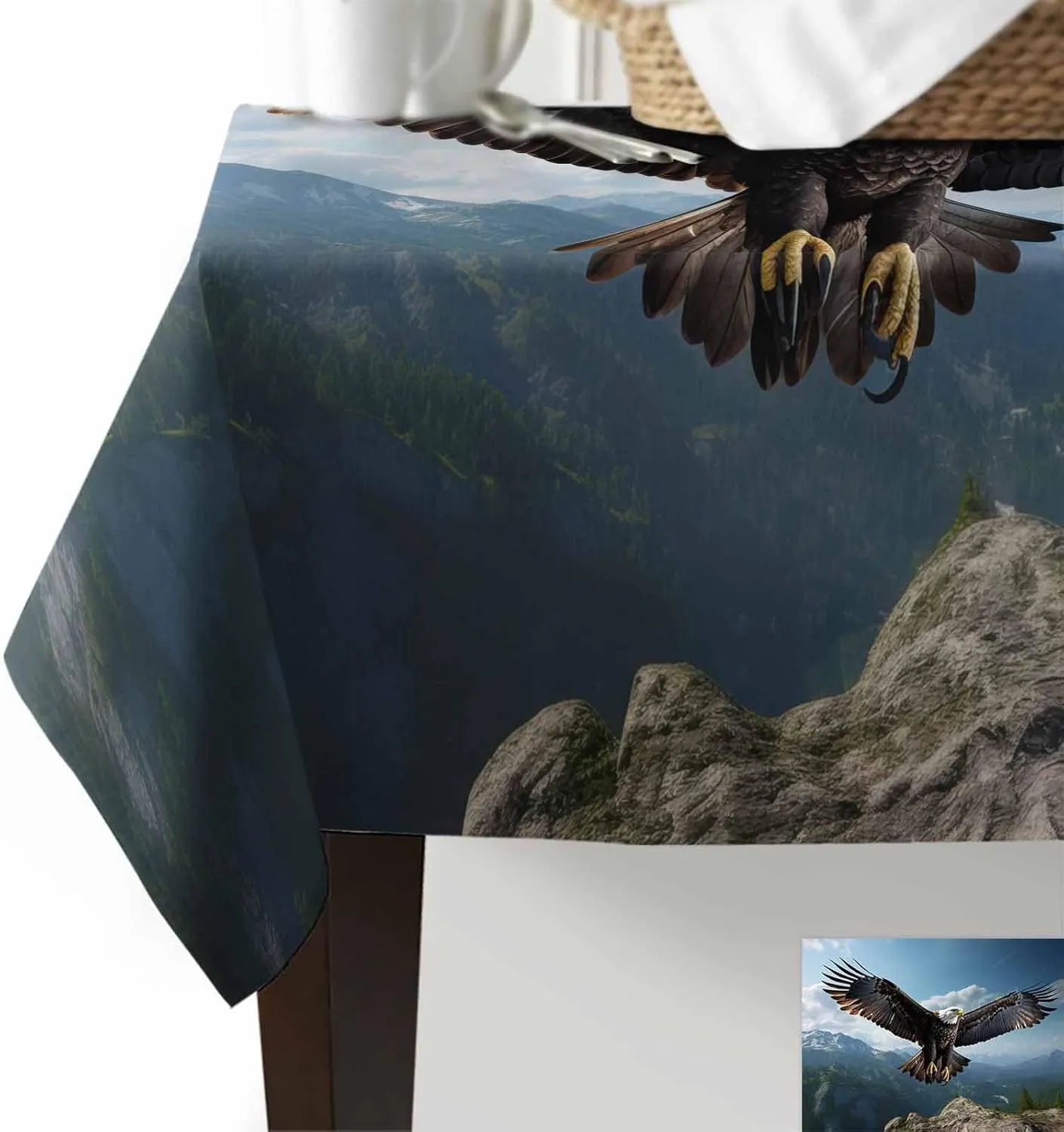 Eagle Rectangle Tablecloths 54x79, Forest Mountains Range Sky Animal Natural Landscape Table Cloth Table Cover Indoor/Outdoor Tabletop Decor for Wedding Holiday Party Dinner Baby Shower