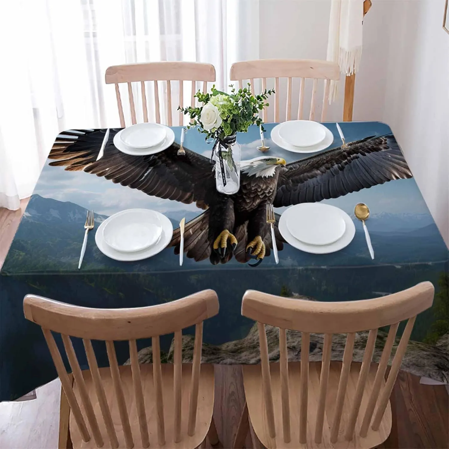 Eagle Rectangle Tablecloths 54x79, Forest Mountains Range Sky Animal Natural Landscape Table Cloth Table Cover Indoor/Outdoor Tabletop Decor for Wedding Holiday Party Dinner Baby Shower