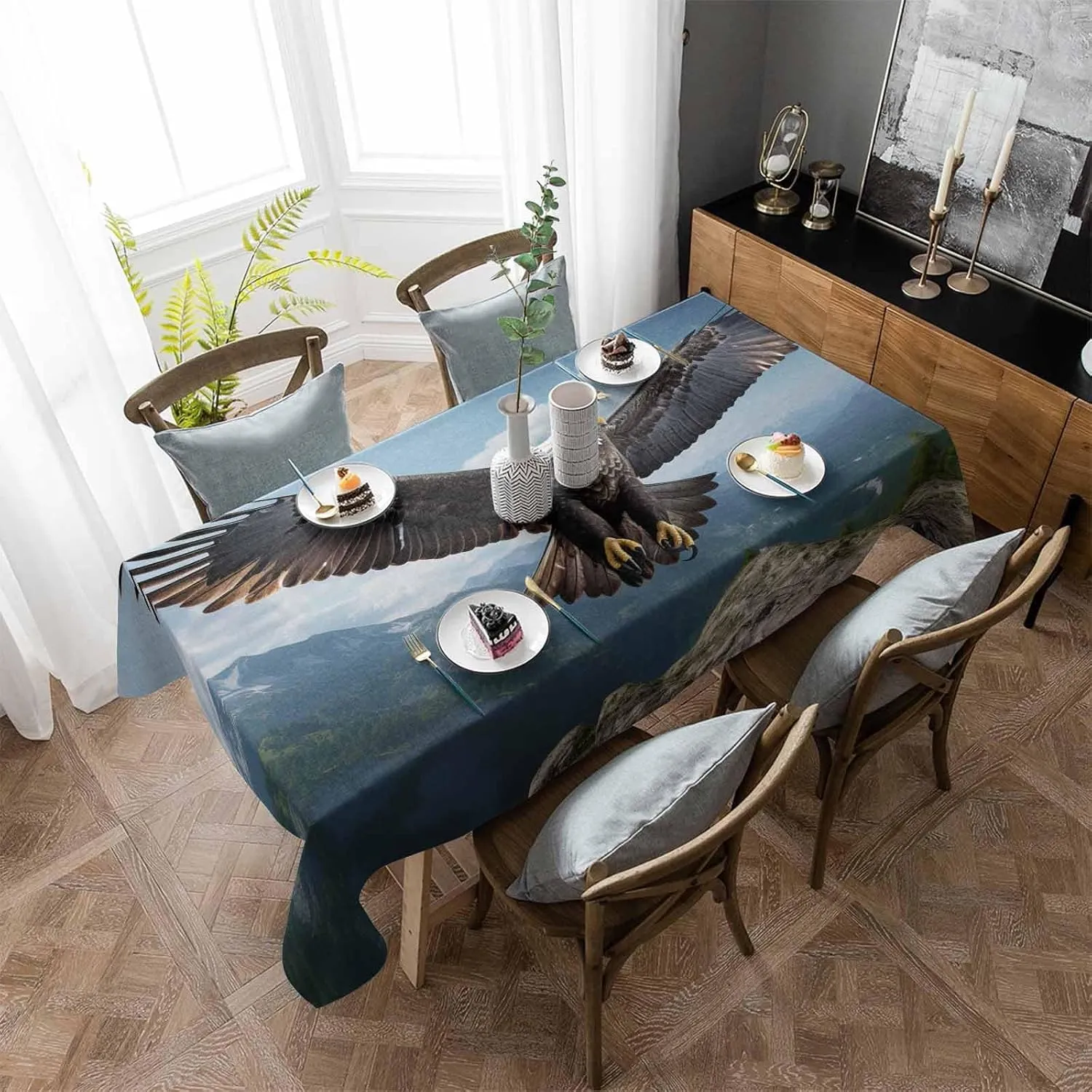 Eagle Rectangle Tablecloths 54x79, Forest Mountains Range Sky Animal Natural Landscape Table Cloth Table Cover Indoor/Outdoor Tabletop Decor for Wedding Holiday Party Dinner Baby Shower