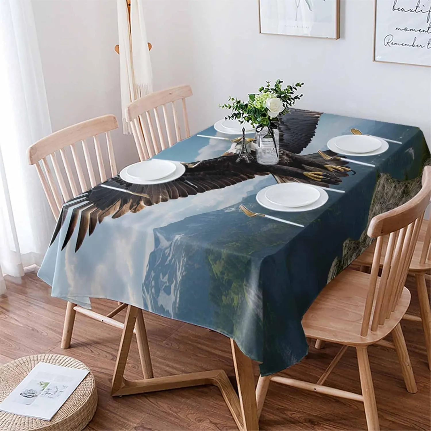 Eagle Rectangle Tablecloths 54x79, Forest Mountains Range Sky Animal Natural Landscape Table Cloth Table Cover Indoor/Outdoor Tabletop Decor for Wedding Holiday Party Dinner Baby Shower
