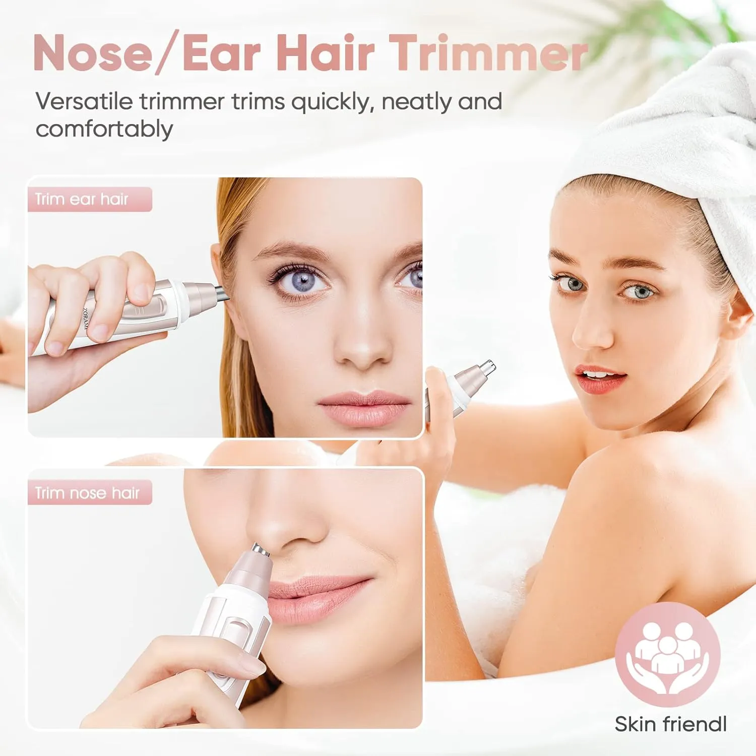 Ear and Nose Hair Trimmer Clipper - 2025 Professional Painless Eyebrow & Facial Hair Trimmer for Men Women, Battery-Operated Trimmer with IPX7 Waterproof, Dual Edge Blades for Easy Cleansing Pink