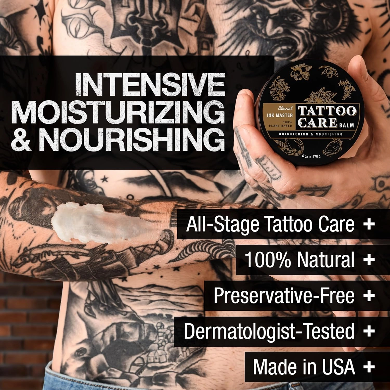 Ebanel Tattoo Aftercare Balm, All Natural Preservative-Free Healing Cream, Tattoo Cream Aftercare Color Enhancement Butter with Herbal Essences and Essential Oils for New and Old Tattoos, 6Oz